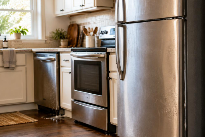 Stainless steel kitchen appliances, including a refrigerator, dishwasher, and oven, showing signs of normal wear in a modern kitchen.